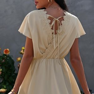 Flutter Sleeve Elastic Waist Lace Trim Mini Dress